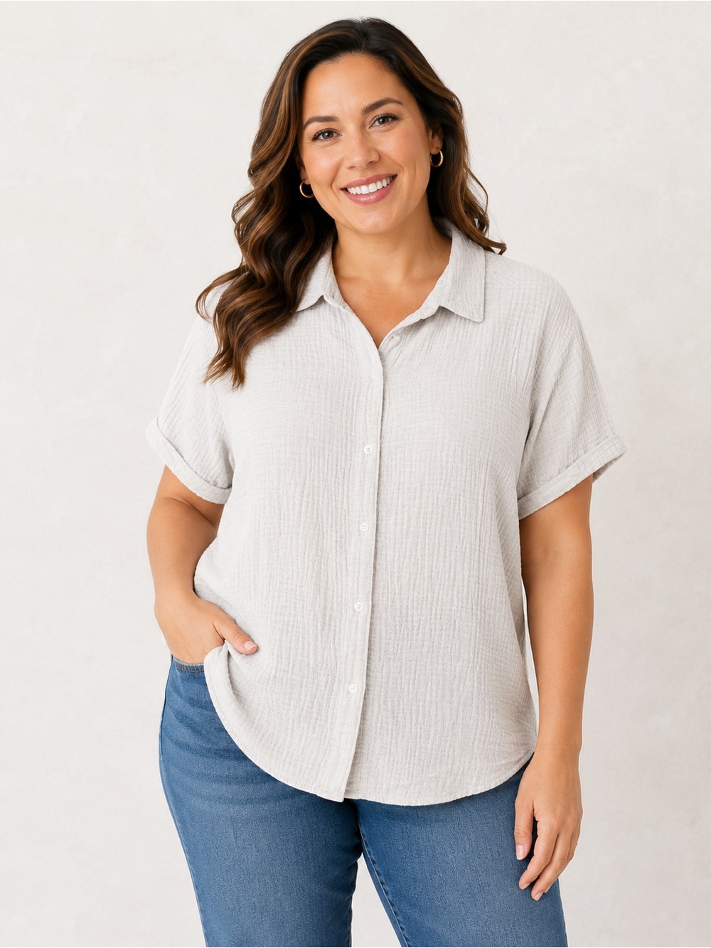 Lucky Brand 100% cotton Women's Light Gray Button-Down Short Sleeve Shirt M